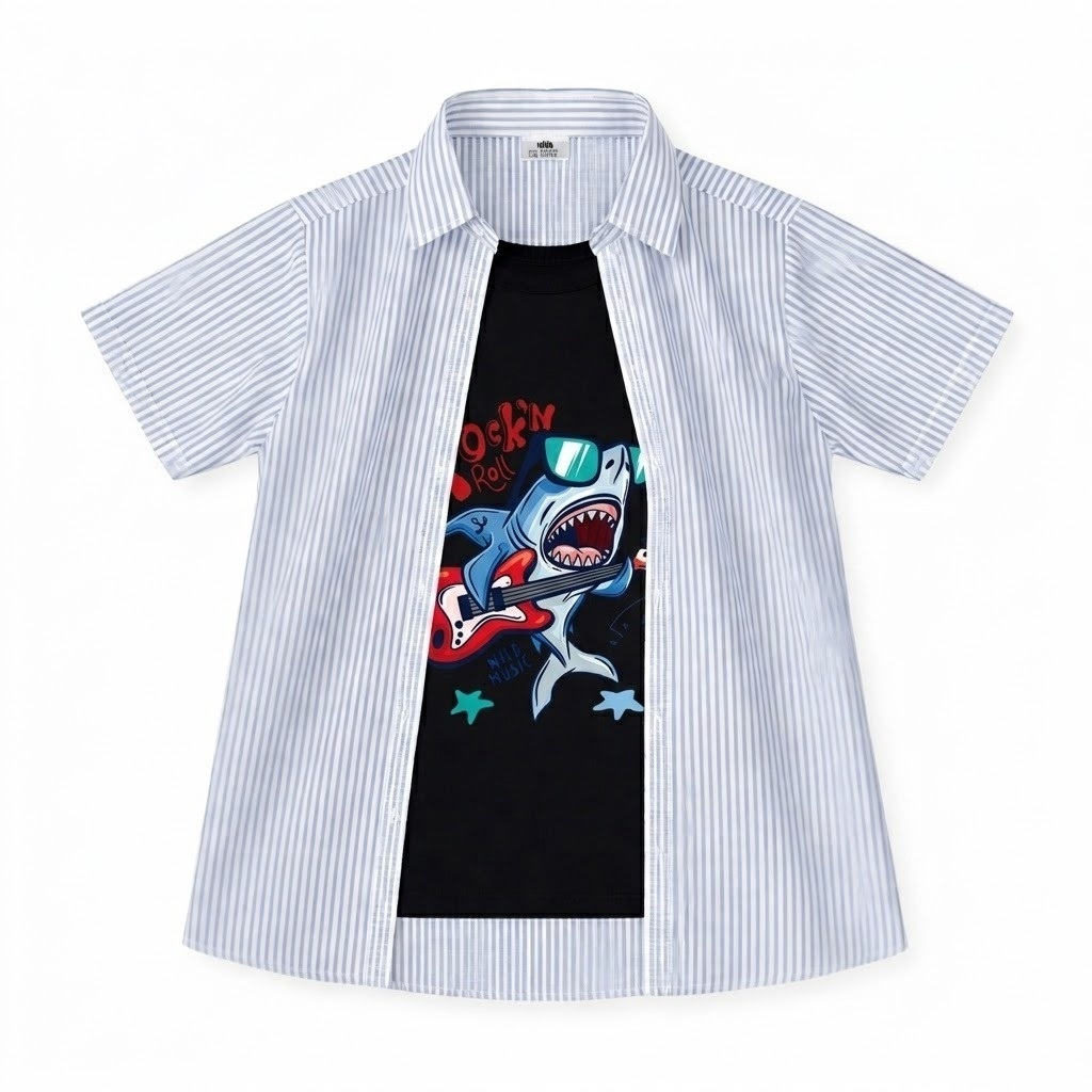 Boys Striped Shark Graphic Printed Double Casual Shirt