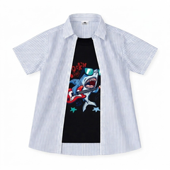 Boys Striped Shark Graphic Printed Double Casual Shirt