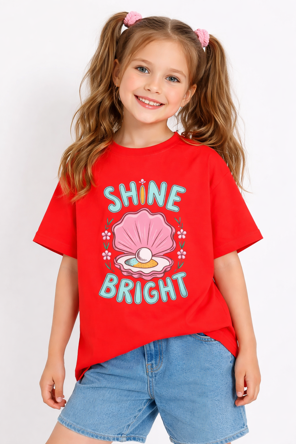 Girls Shine Bright Pearl Shell Red Down Shoulder T-shirt