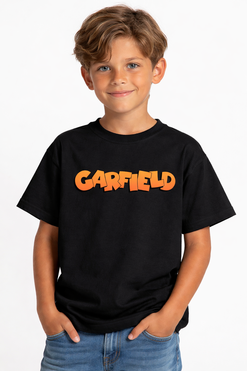 Boys Garfield Logo Black Down Shoulder T-shirt