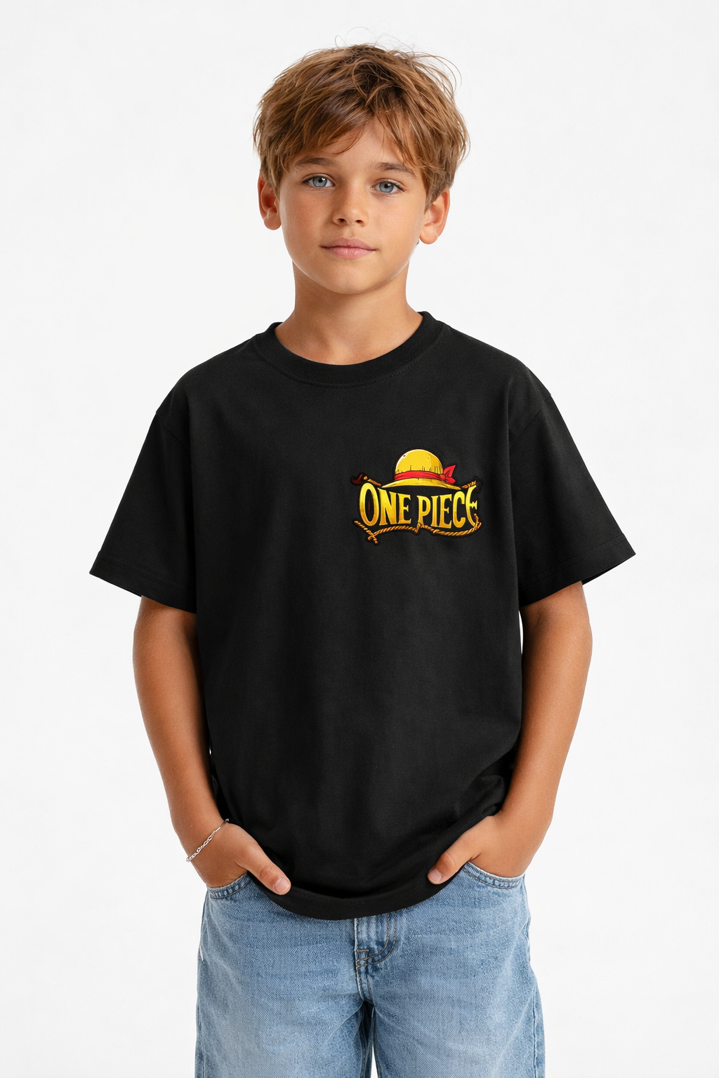 Boys Anime Logo Black Down Shoulder T-shirt