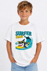 Boys Surfer Shark Print White Down Shoulder T-shirt