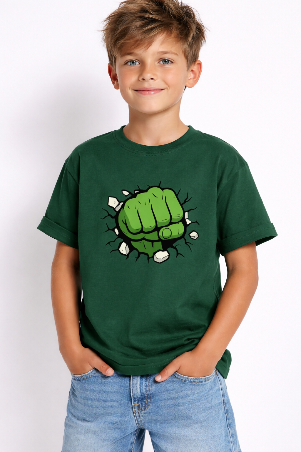Boys Hulk Fist Green Down Shoulder T-shirt