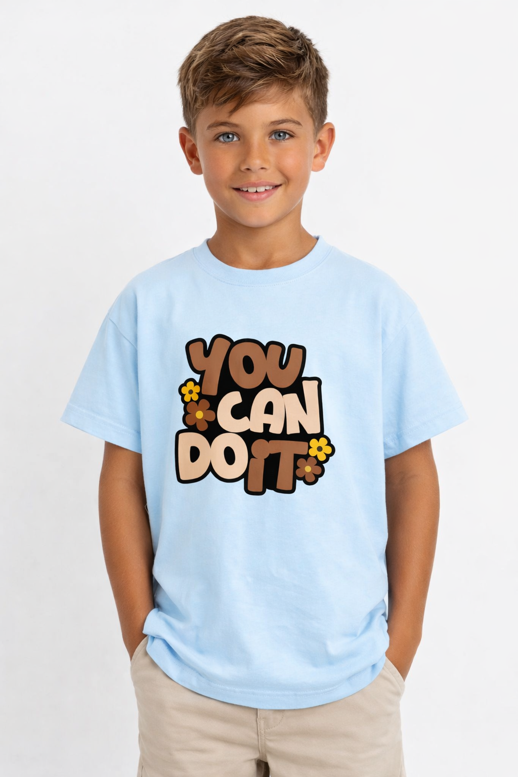Boys You Can Do It Typography Blue Down Shoulder T-shirt