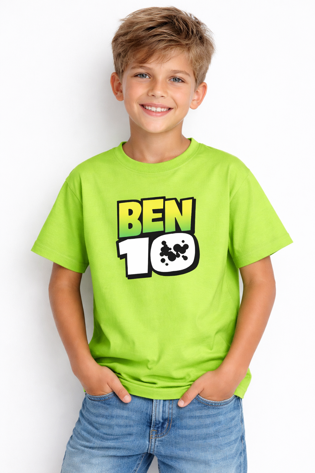 Boys Cartoon Ben 10 Print Green Down Shoulder T-shirt