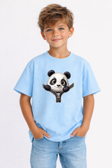Boys Panda Zipper Sky Blue Down Shoulder T-shirt