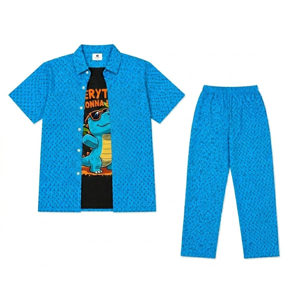 Boys Blue Printed Cartoon Dinosaur Design Tracksuit (Summer)
