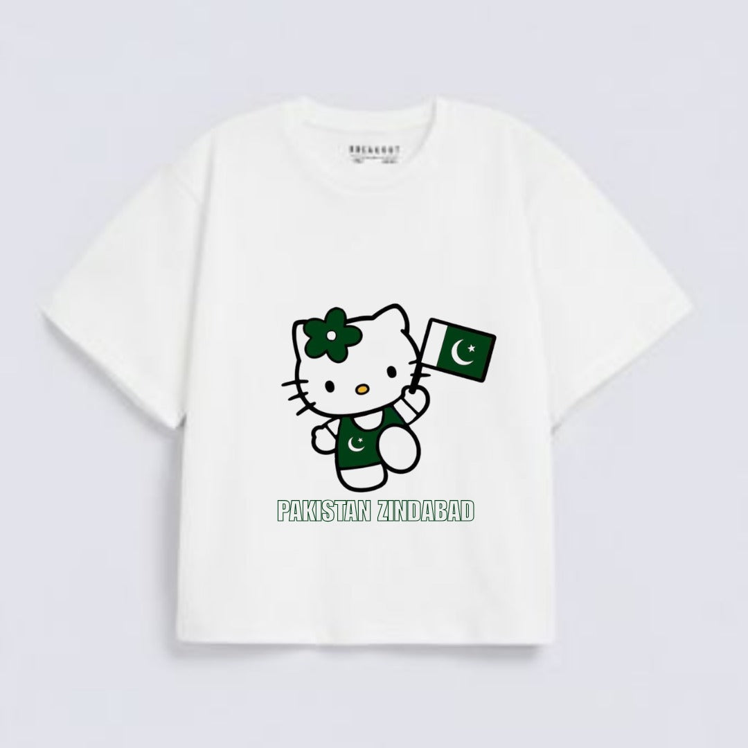 White Pakistan Zindabad Cute Cat Print Downshoulder T-Shirt (AZADI)
