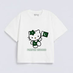 White Pakistan Zindabad Cute Cat Print Downshoulder T-Shirt (AZADI)