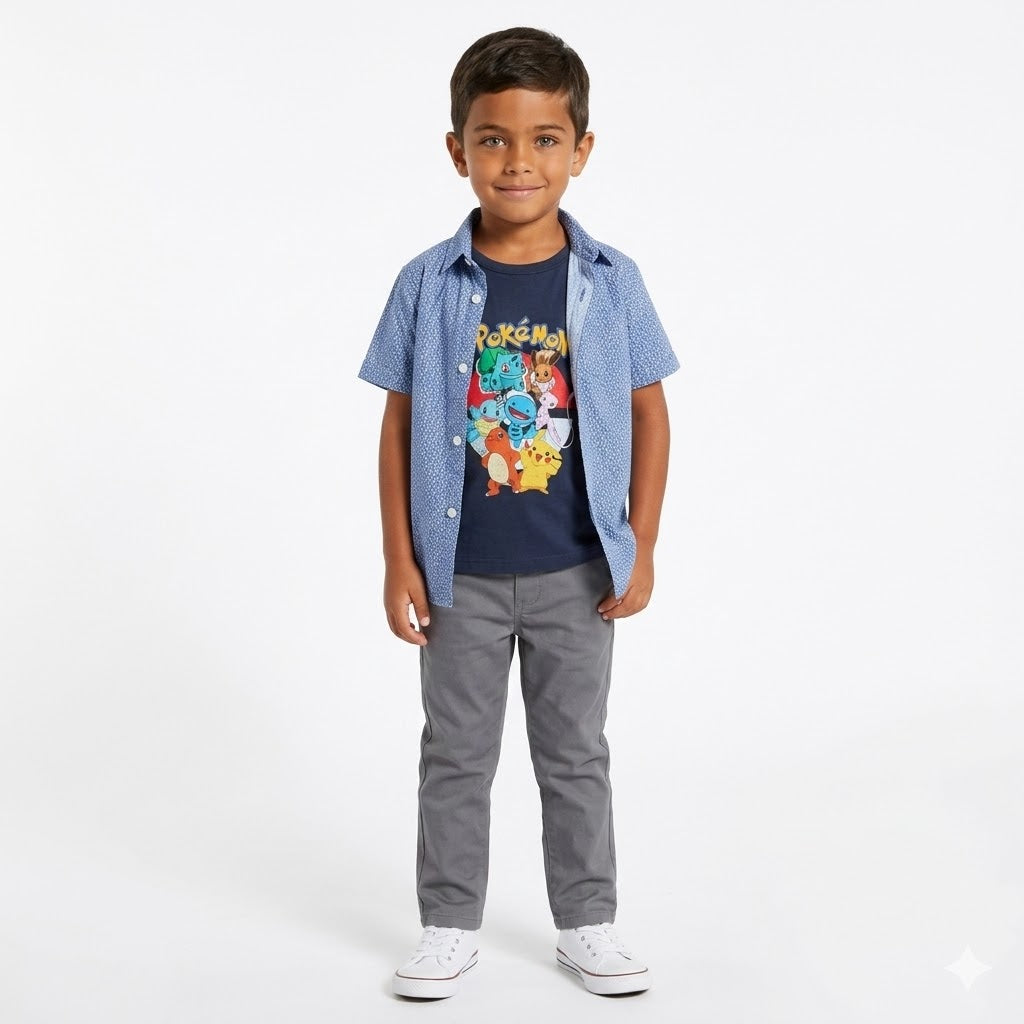 Boys Blue Pokémon Cartoon Double Casual Shirt